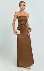 Laurie Maxi Dress - Strapless Draped Satin Dress in Chocolate