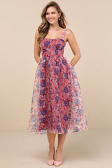 Delightful Look Magenta Floral Print Bustier Midi Skater Dress