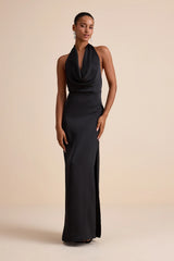 Carmelo Blue Satin Halter Neck Backless Maxi Dress