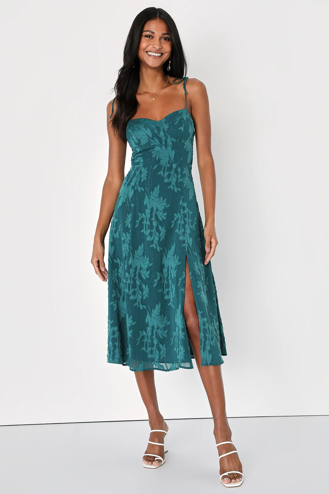 Loveliest Looks Navy Blue Floral Jacquard Tie-Strap Midi Dress