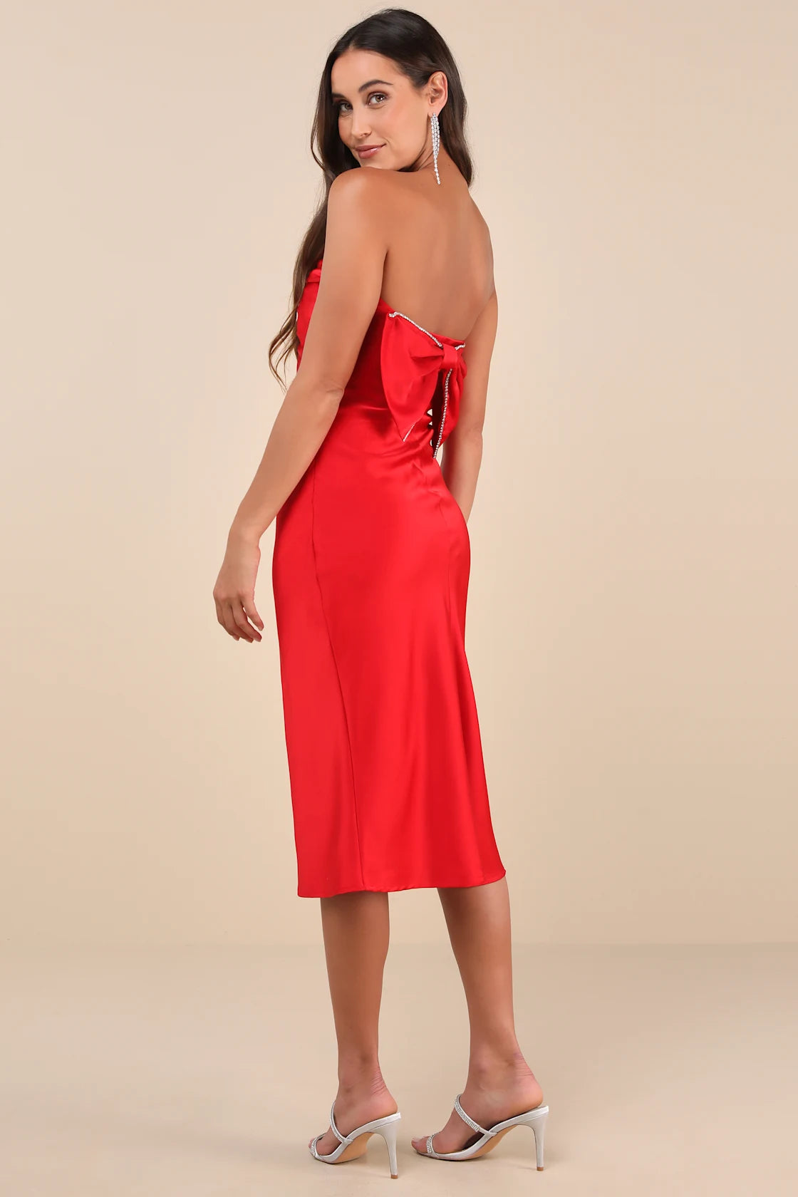 Luxe Crush Red Satin Rhinestone Bow Strapless Midi Dress