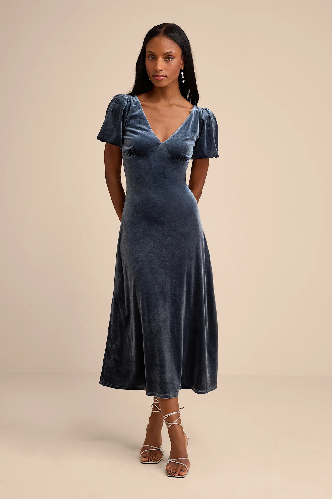 Obrissa Slate Blue Velvet Puff Sleeve Tie-Back Midi Dress