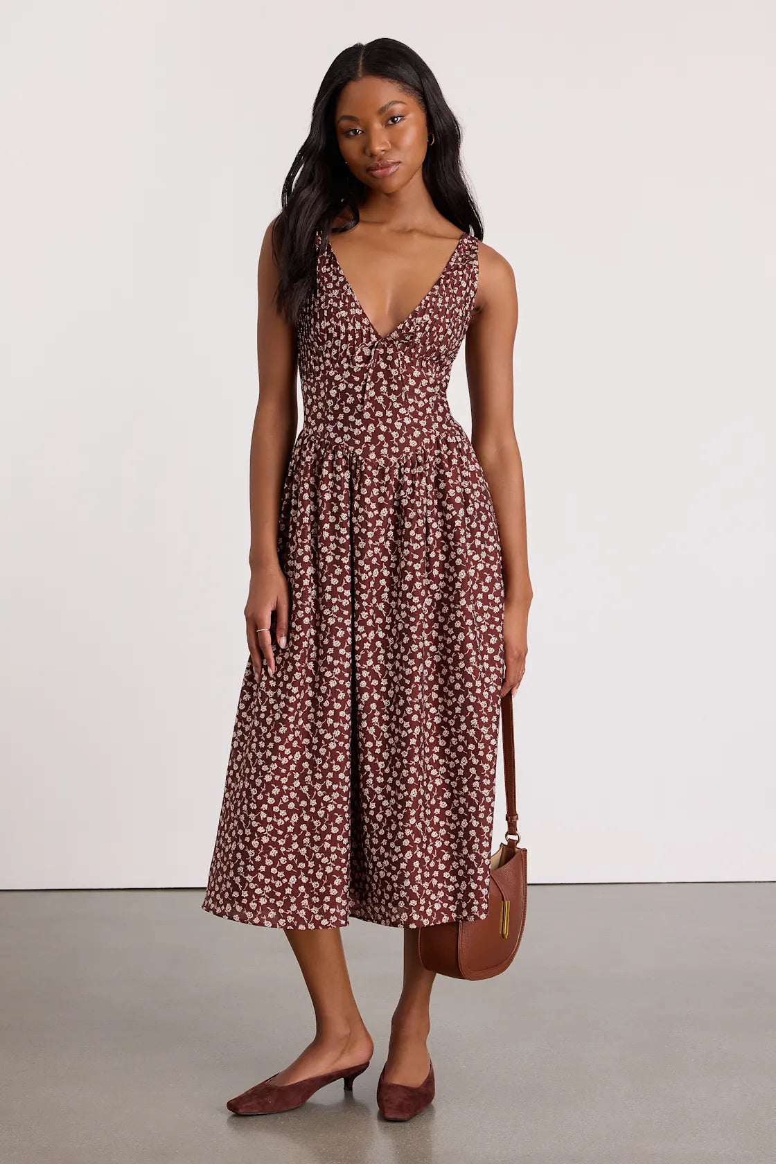 Janella Brown Floral Basque Waist Midi Dress