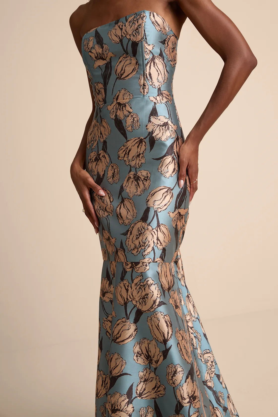 Gowning Around Mauve Floral Jacquard Strapless Maxi Dress