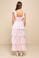 Radiant Arrival Shiny Pink Organza Tiered Tie-Strap Maxi Dress