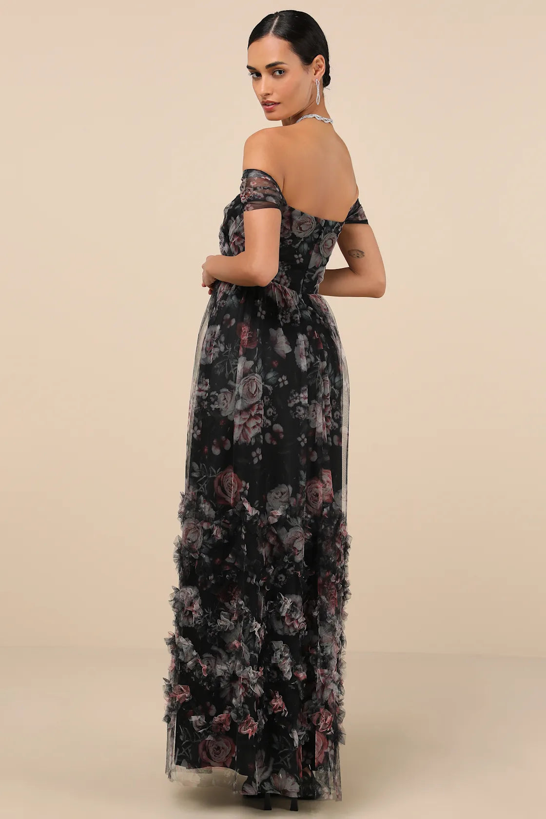 Ideal Beauty Black Floral Mesh Off-the-Shoulder Maxi Dress