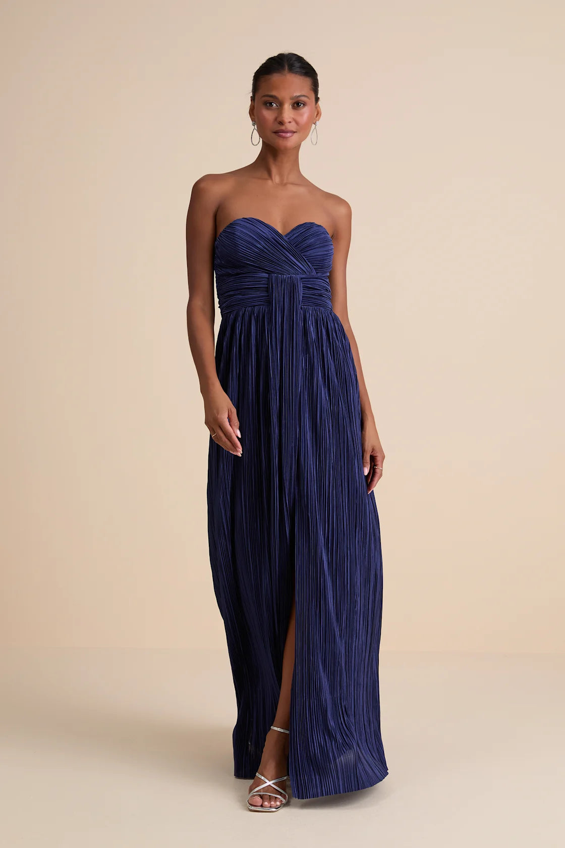 Oswin Navy Satin Plisse Strapless Maxi Dress