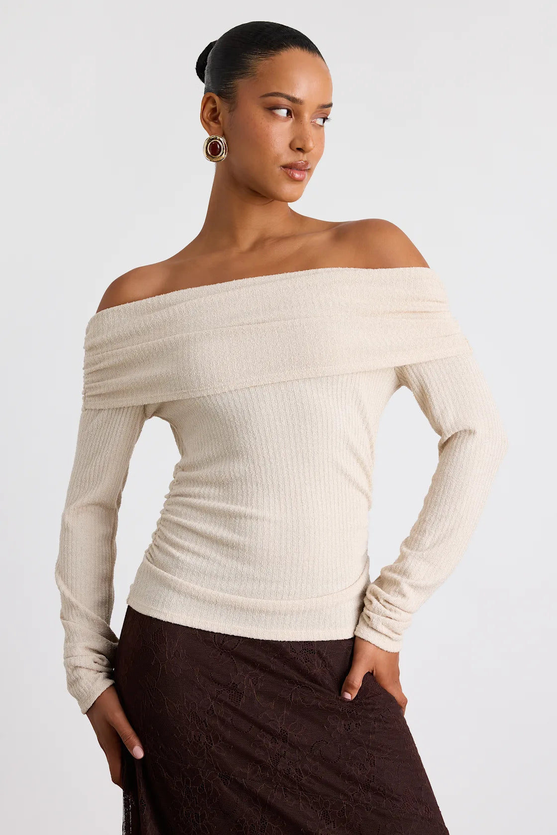 Coveted Favorite Cream Textured Off-the-Shoulder Top