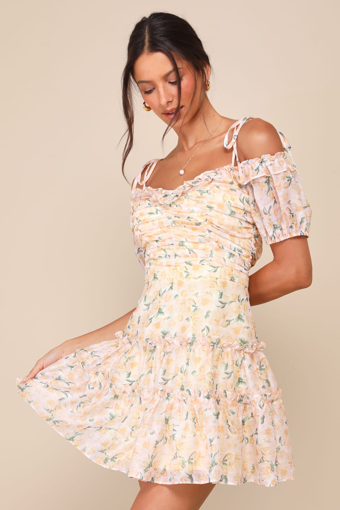 Memorably Cute Blush Pink Floral Off-the-Shoulder Mini Dres