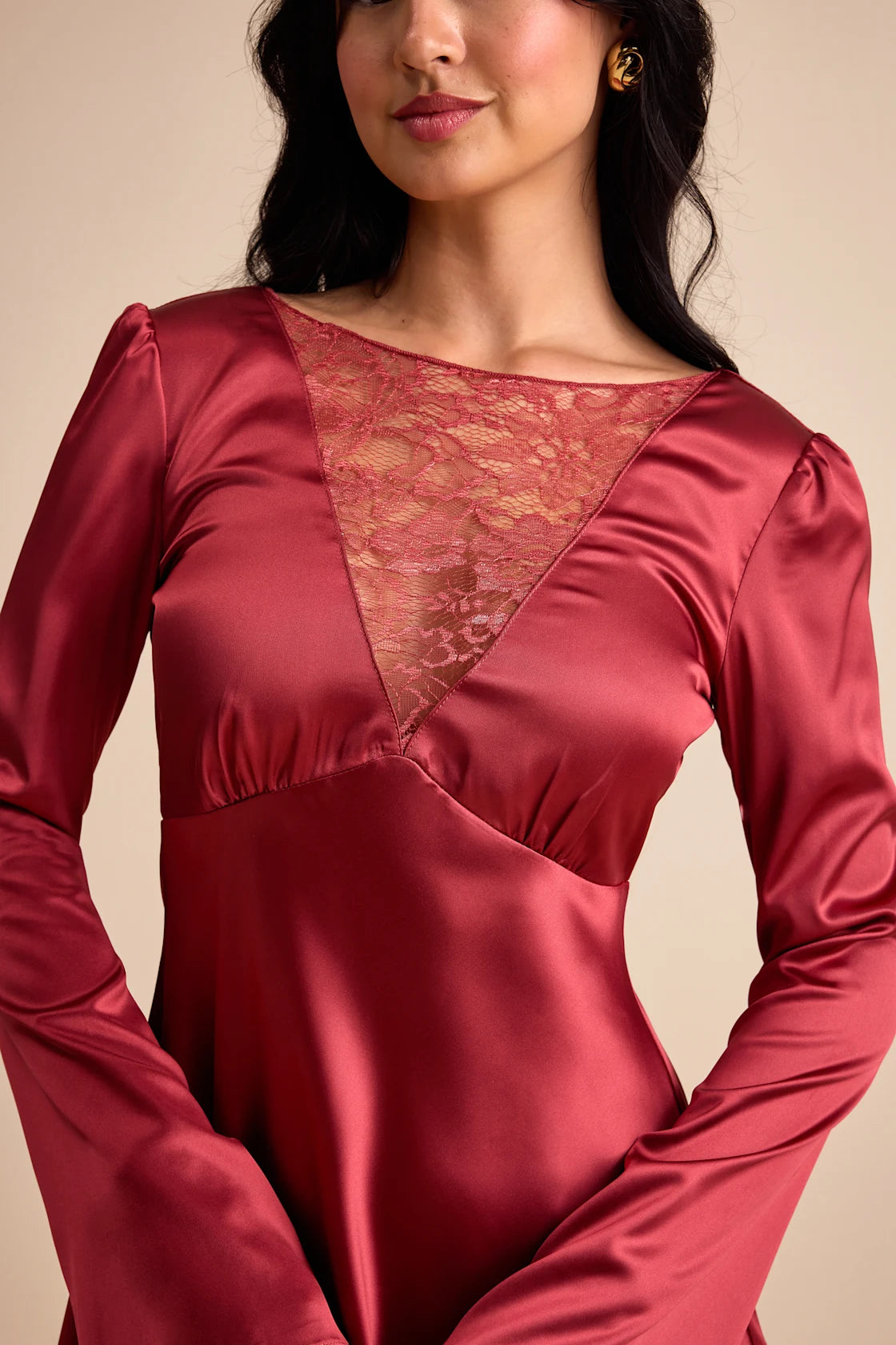 Emberlyn Rusty Rose Satin Lace Long Sleeve Mini Dress