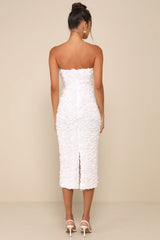Gorgeous Mentality White 3D Floral Strapless Midi Dress