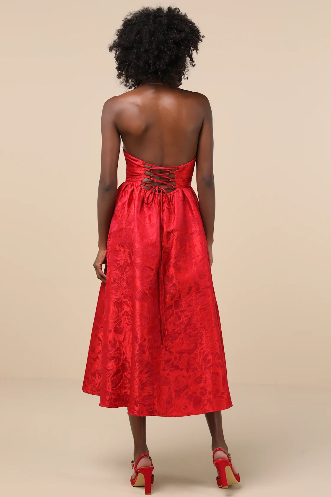 Picturesque Icon Red Jacquard Lace-Up Strapless Midi Dress