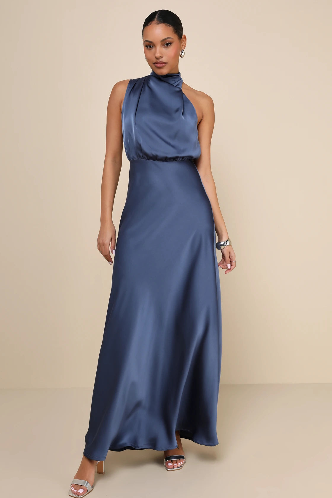 Distinctive Charm Slate Blue Satin Asymmetrical Maxi Dress
