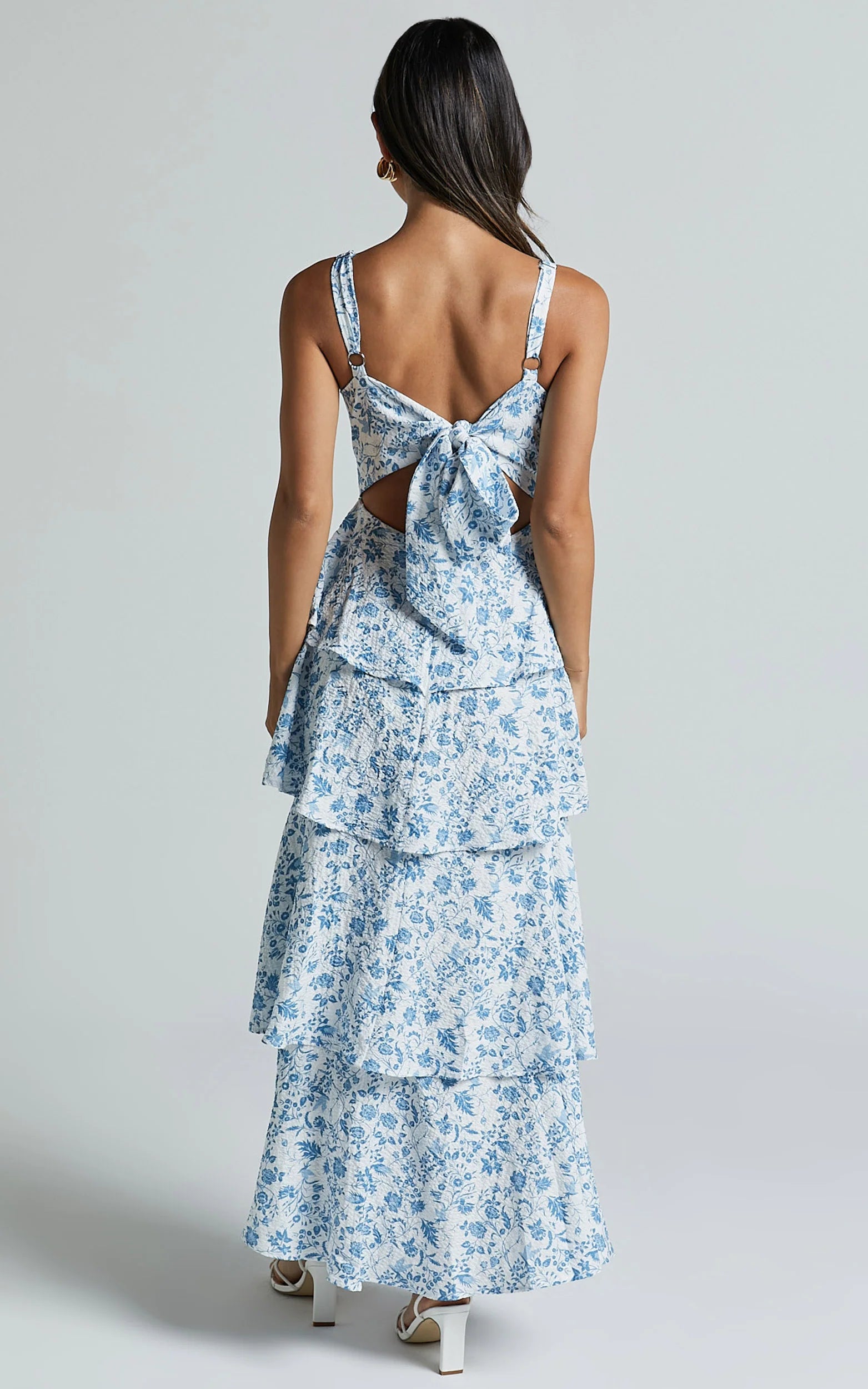Lorma Midi Dress - Ruched Layered Dress in Blue Floral