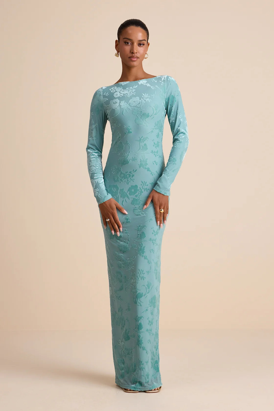 Amiria Light Aqua Burnout Velvet Long Sleeve Maxi Dress