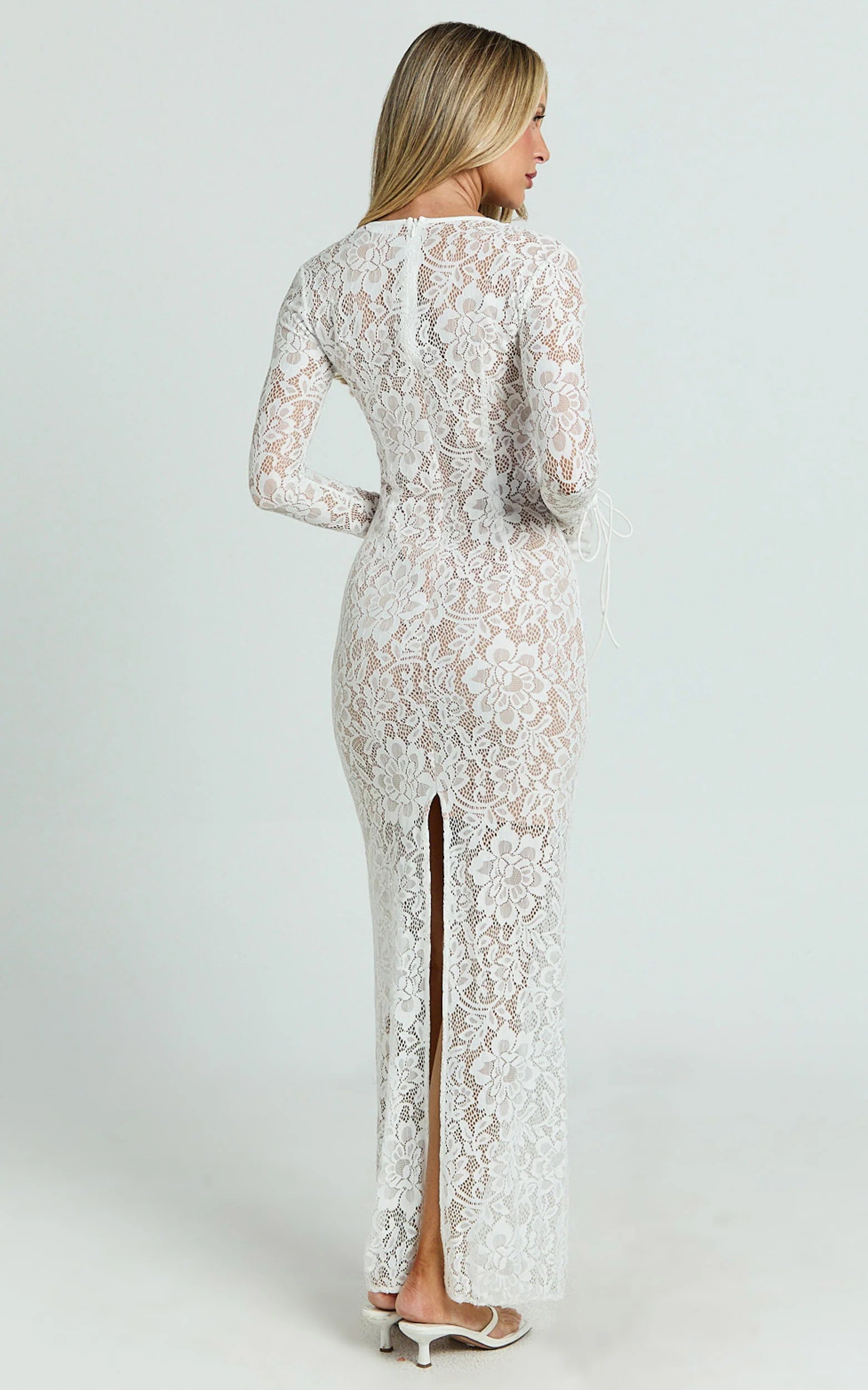 Paula Maxi Dress - Lace V Neck Long Sleeve Column Dress in White
