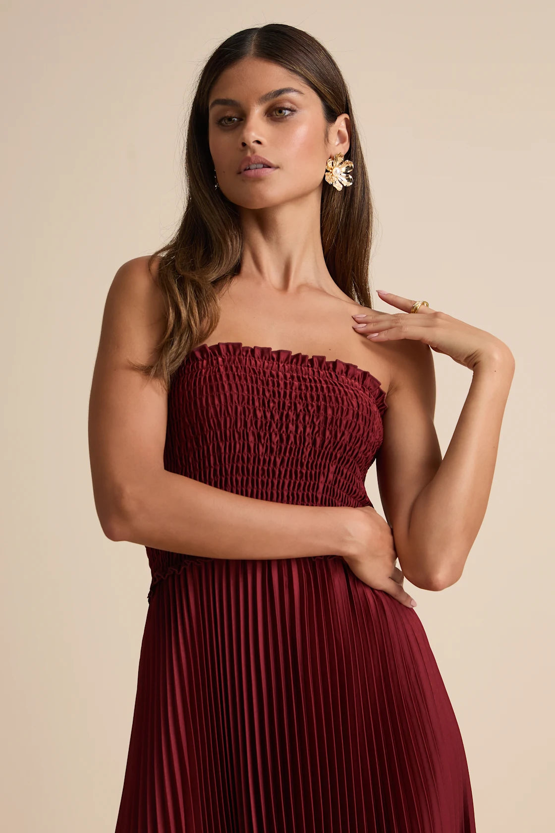 Damira Rust Satin Pleated Strapless Maxi Dress
