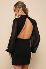 Exceptionally Flirty Black Long Sleeve Backless Mini Dress