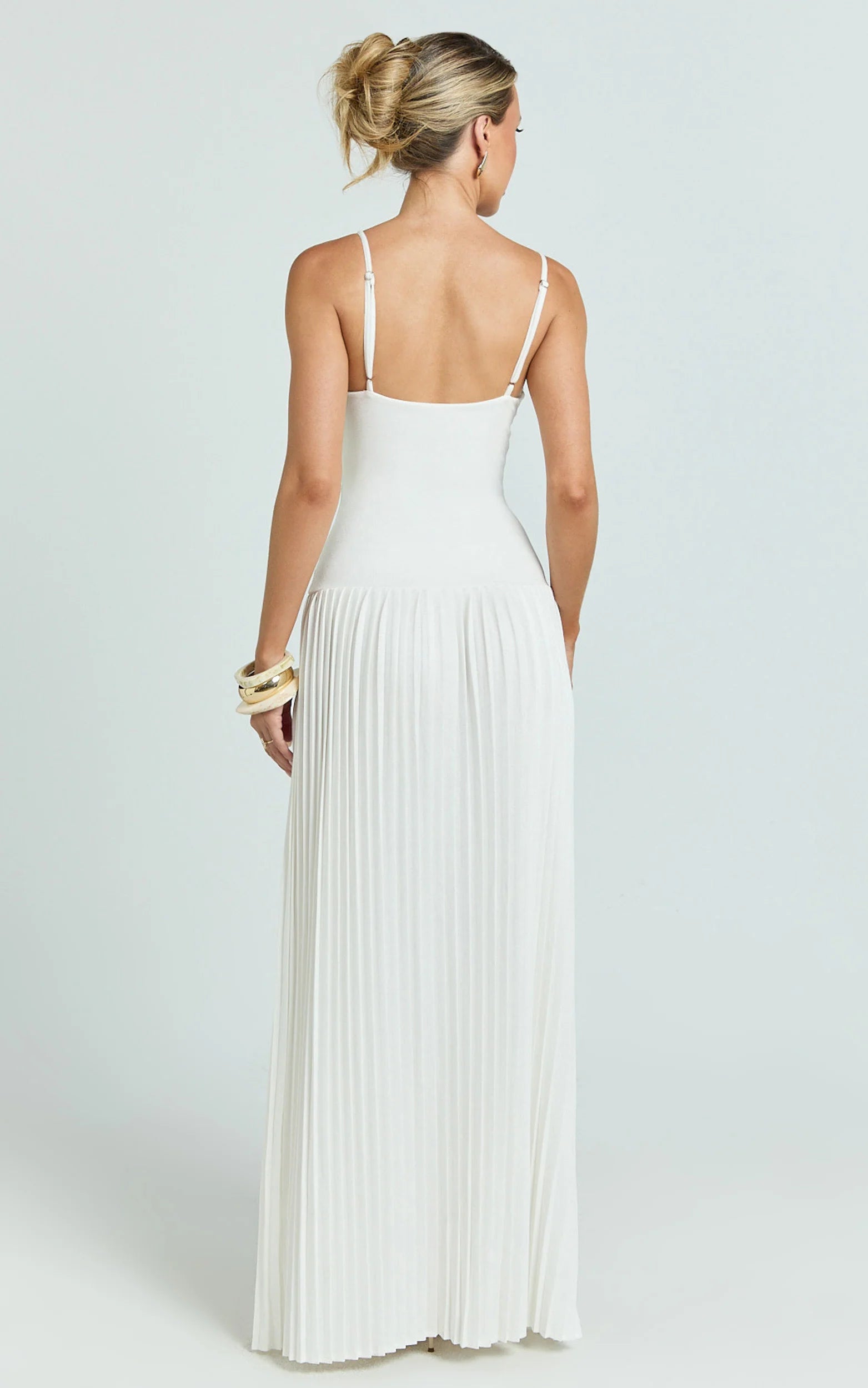 Hathaway Maxi Dress - U Shaped Neck Pleated Dress in Ivory