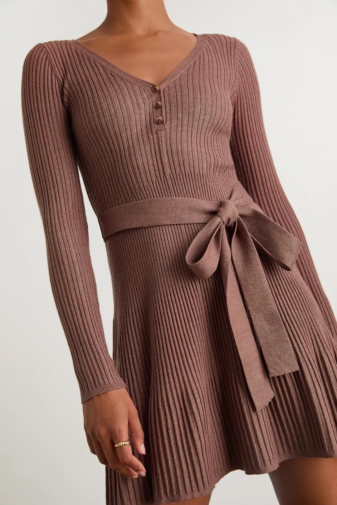 Cozy Poise Beige Henley Long Sleeve Mini Sweater Dress