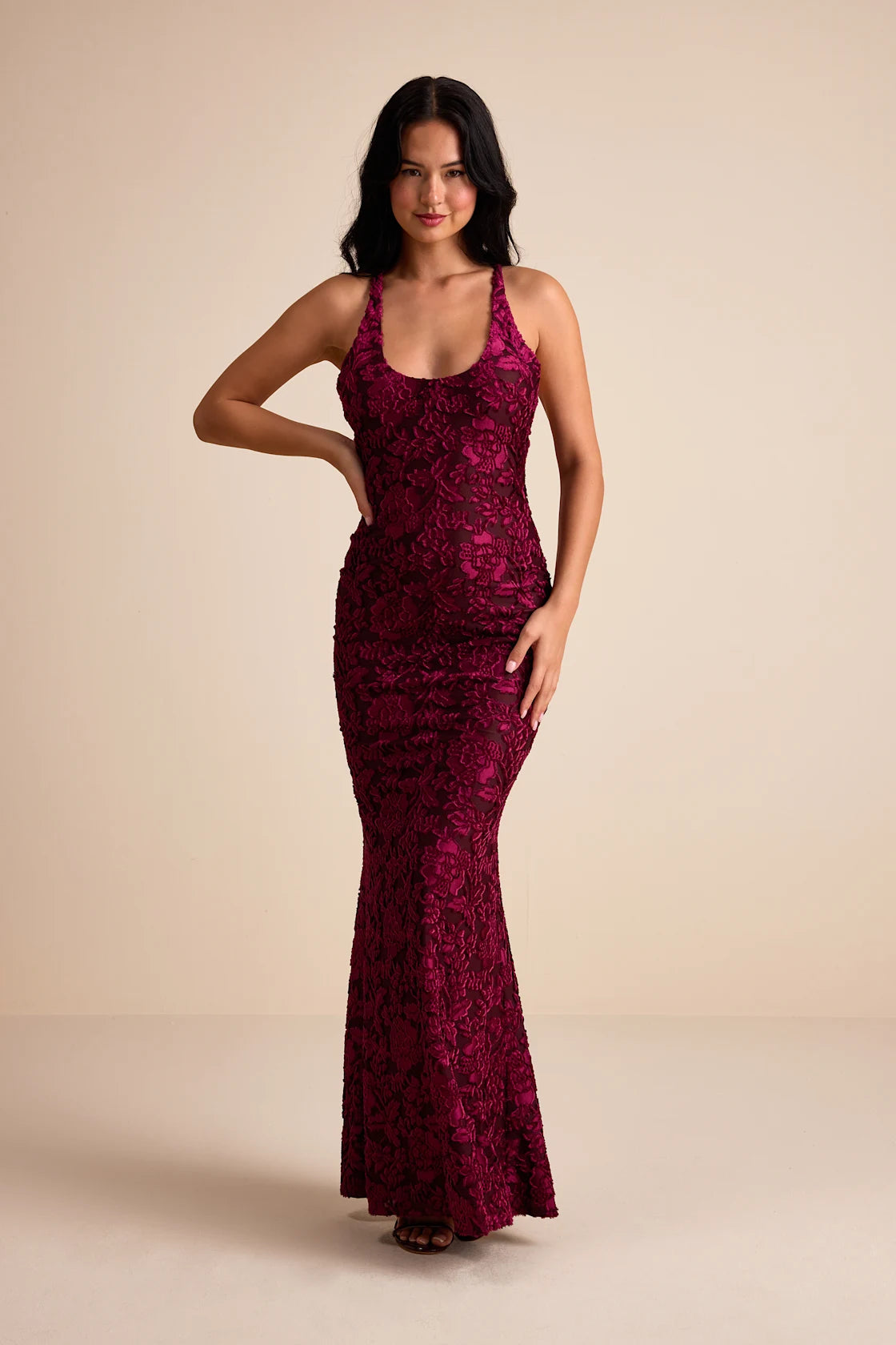 Renissa Burgundy Burnout Velvet Backless Mermaid Maxi Dress
