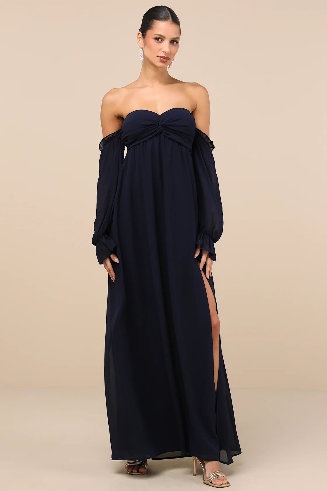 Glorious Invite Olive Green Knotted Off-the-Shoulder Maxi Dress