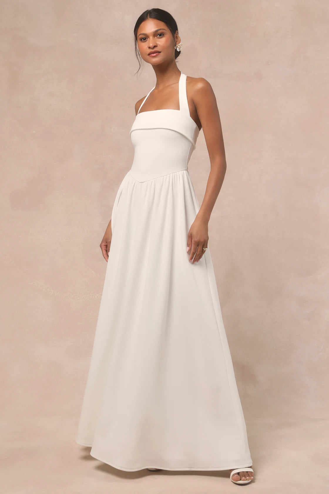 Telia White Halter Basque Waist Maxi Dress