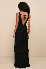 Mesmerizing Essence Navy Pleated Backless Tiered Maxi Dress