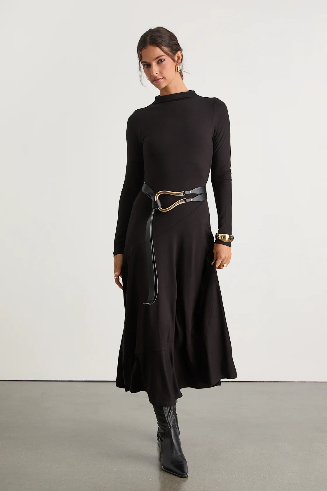 Corinne Cream Jersey Knit Mock Neck Midi Dress