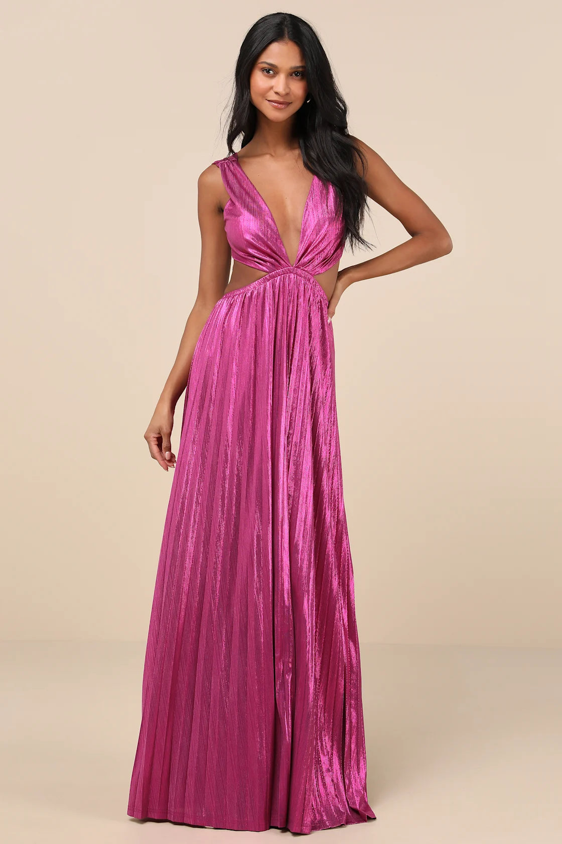 Shining Luxury Bronze Metallic Lurex Cutout Maxi Dress