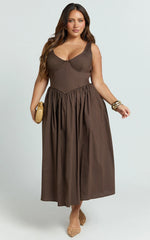 Beckett Midi Dress - Scoop Neck Drop V Waist Gathered Skirt Dress in Dark Chocolate