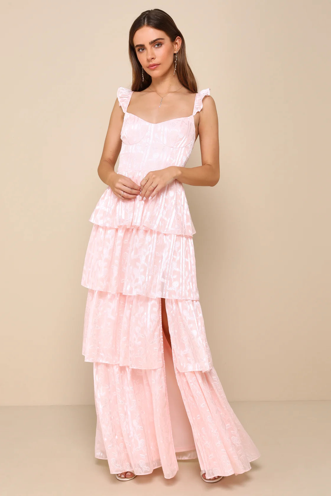 Stunning Glory Navy Blue Floral Jacquard Tiered Maxi Dress