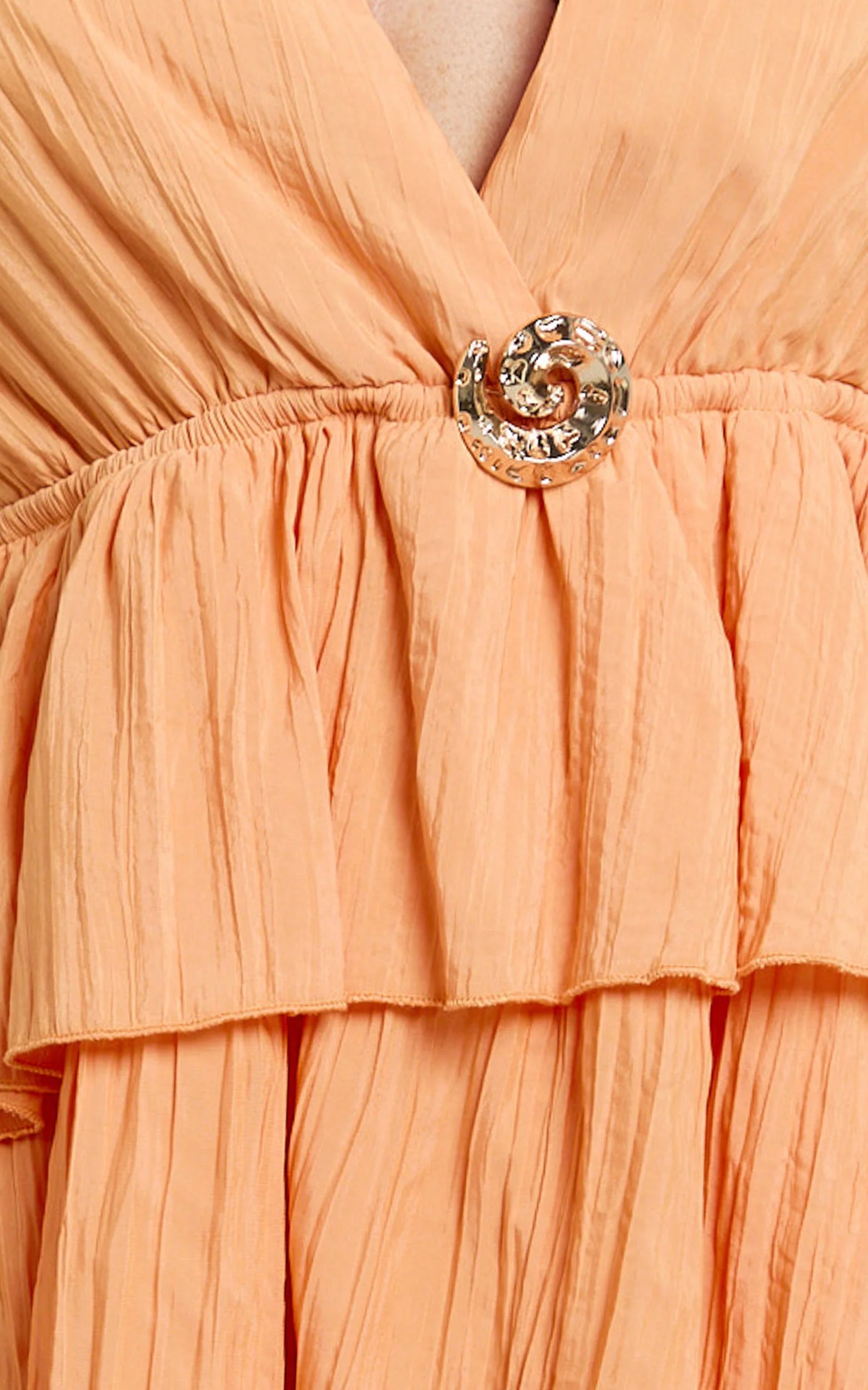 Heidi Mini Dress - Deep V Plunge Halter Neck Peplum Brooch Detail Fit And Flare Dress in Orange