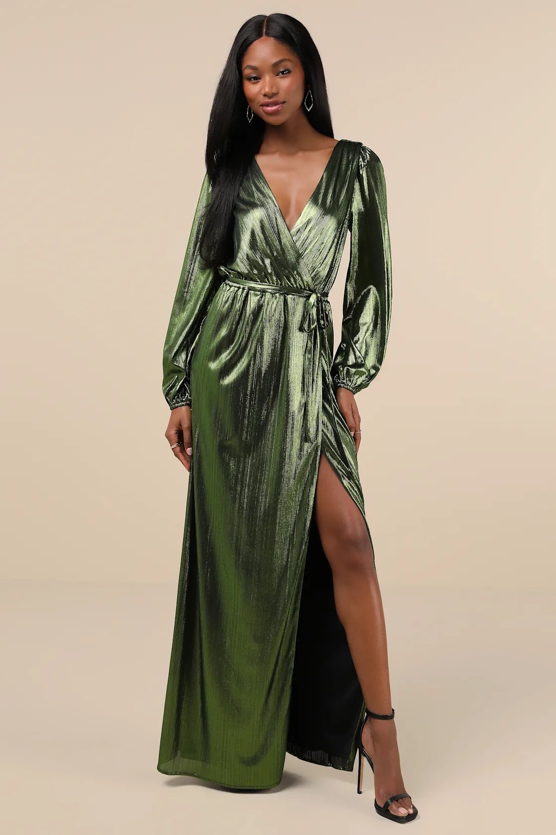 Extra Aesthetic Black Shiny Long Sleeve Surplice Maxi Dress