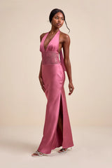 Lennon Black Satin Lace Halter Maxi Dress