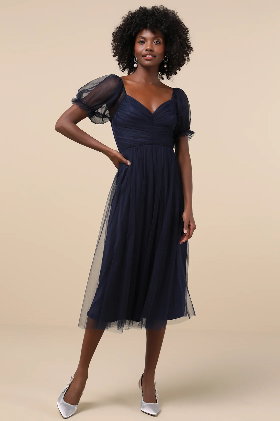 Glorious Chicness Navy Tulle Pleated Puff Sleeve Midi Dress