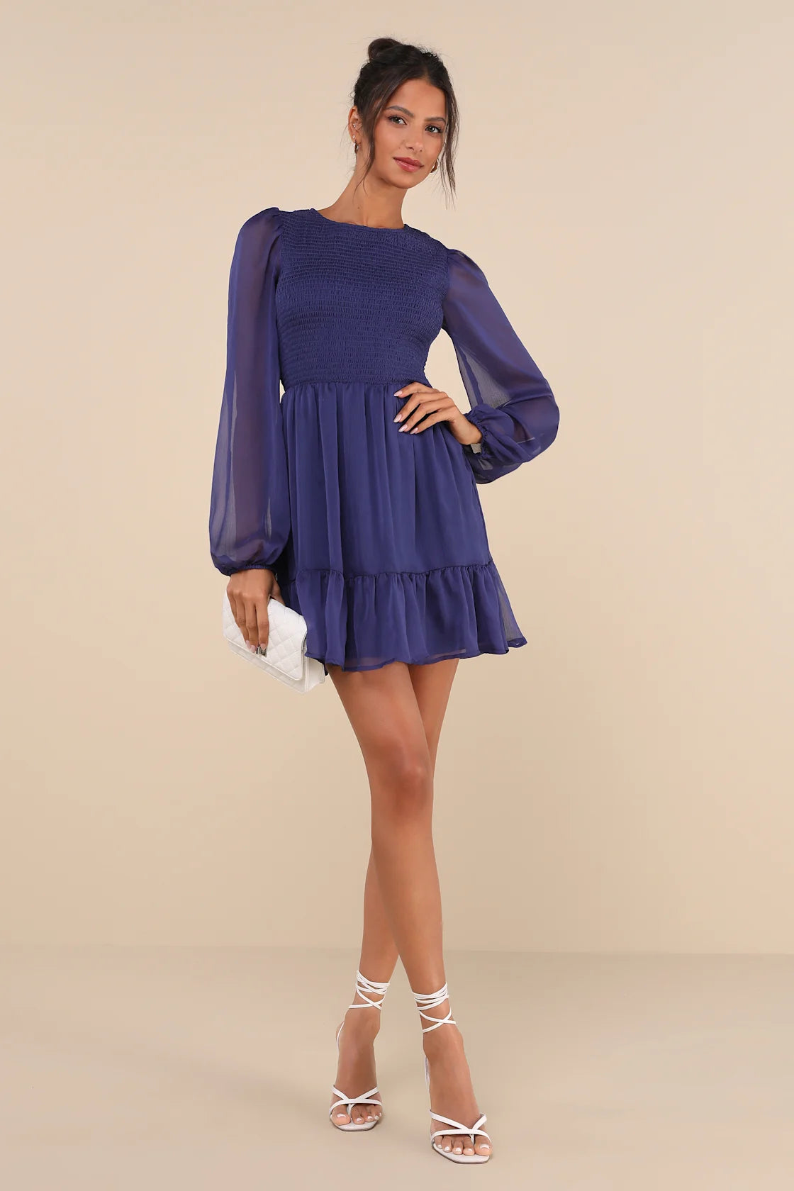 Simply the Sweetest Dark Blue Long Sleeve Smocked Mini Dress
