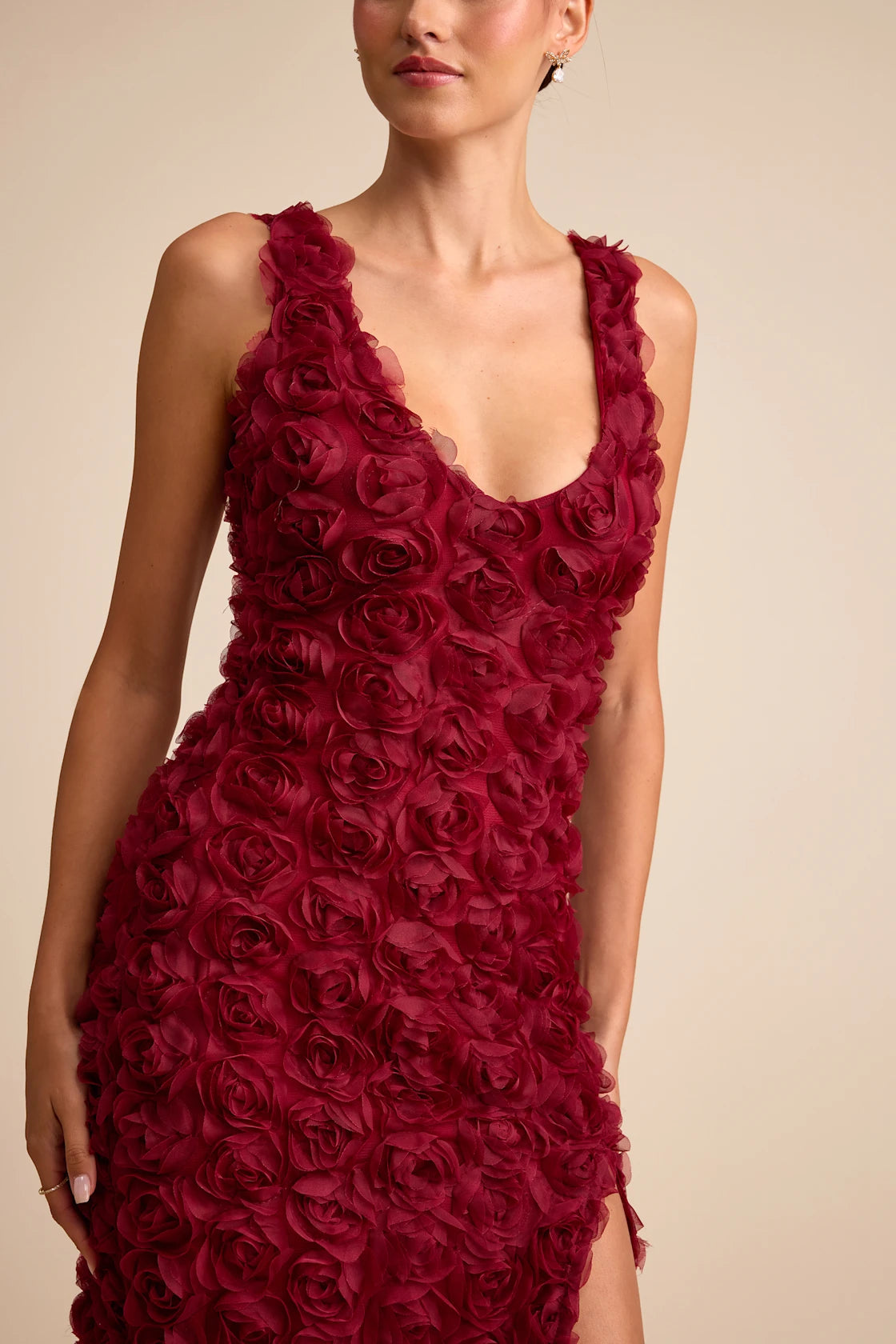 Aniston Wine Red Rosette Sleeveless Midi Dress