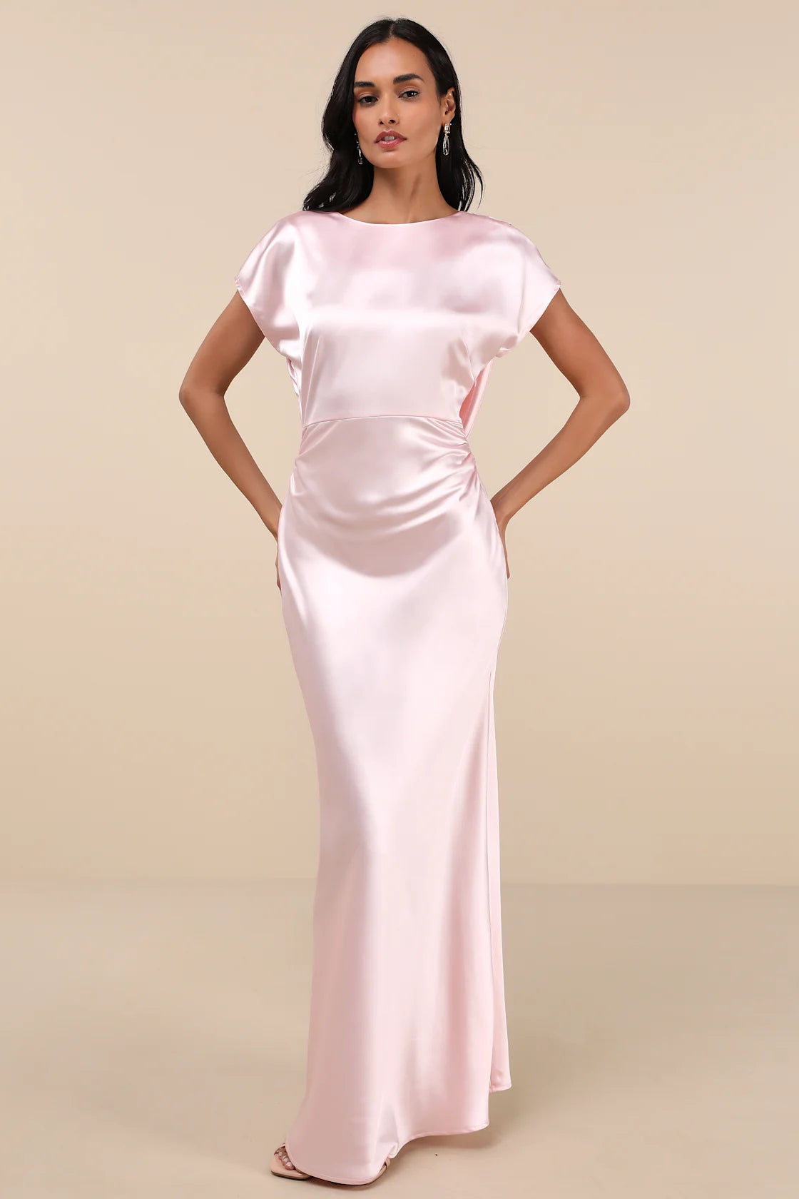 Captivating Presence Blush Pink Satin Cowl Back Maxi Dress