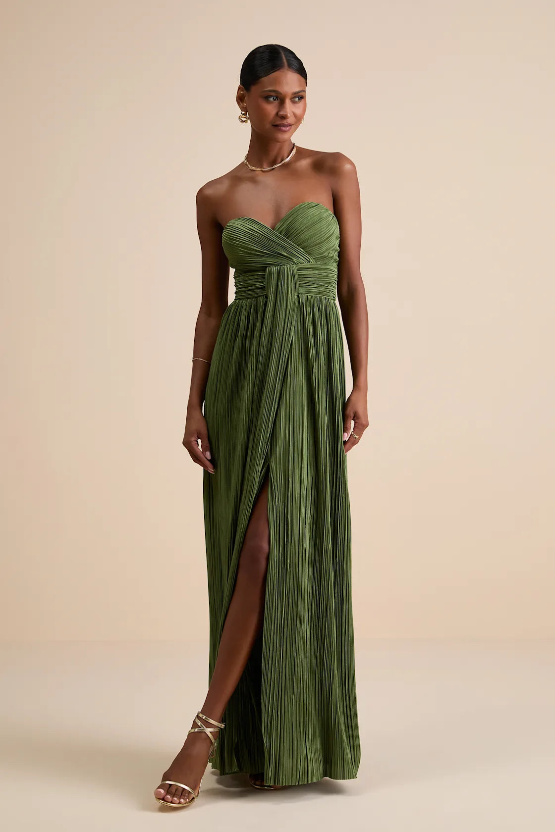 Oswin Navy Satin Plisse Strapless Maxi Dress