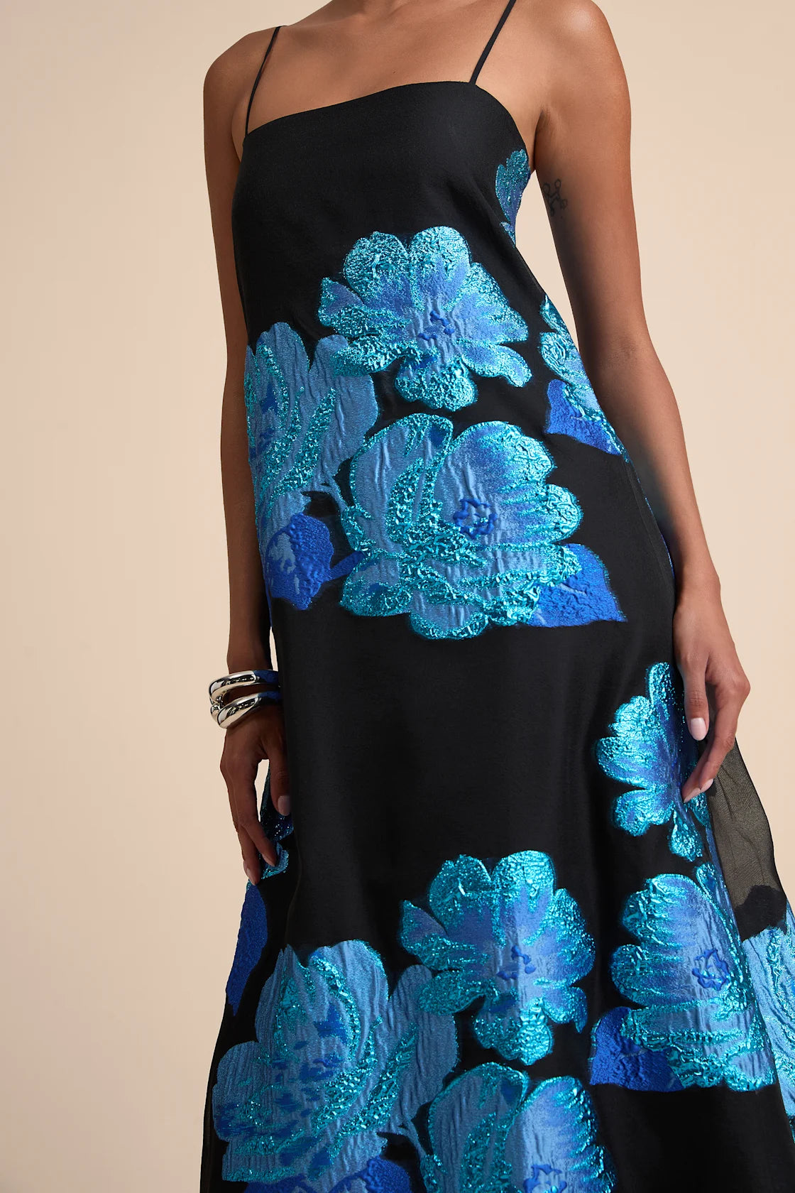 Yavanna Black and Blue Floral Jacquard Shift Maxi Dress