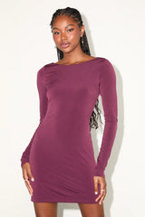 Noey Olive Jersey Knit Cowl Back Long Sleeve Mini Dress