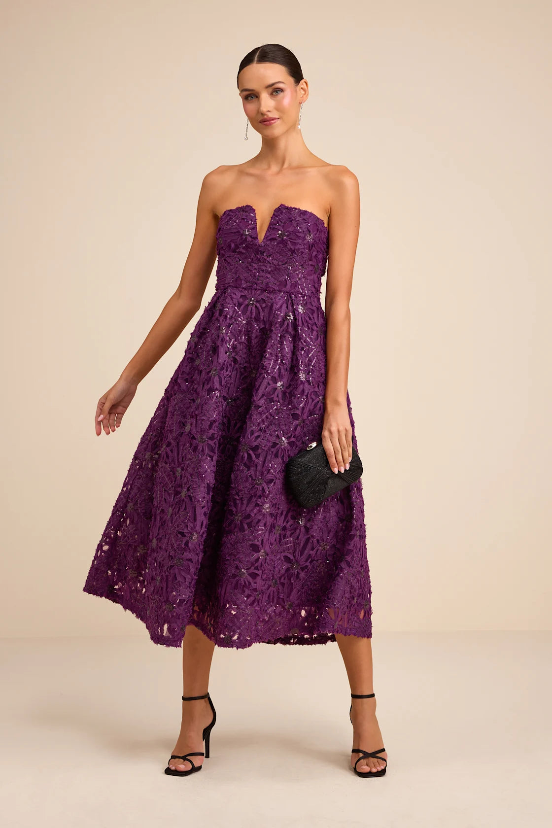 Ryla Purple Textured Sequin Strapless Midi Dress