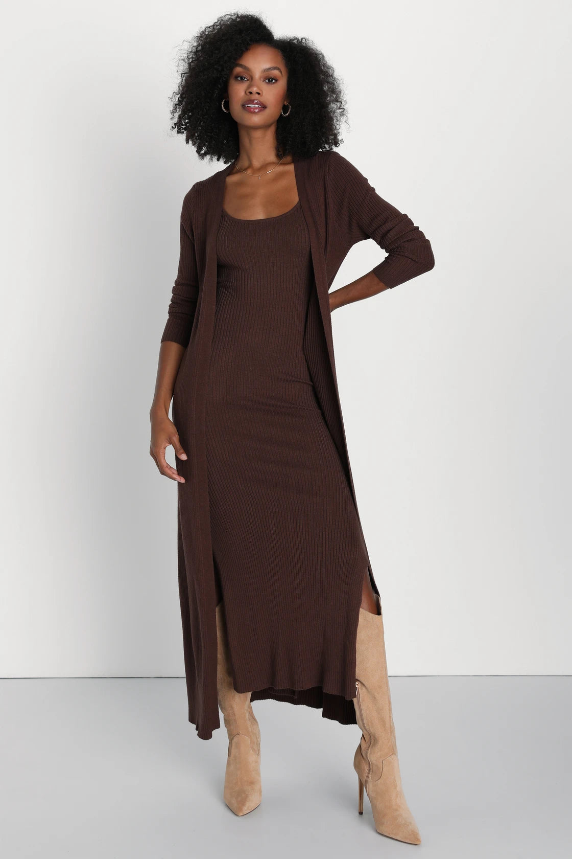 Layer Lover Rust Red Ribbed Knit Two-Piece Dress & Cardigan Set