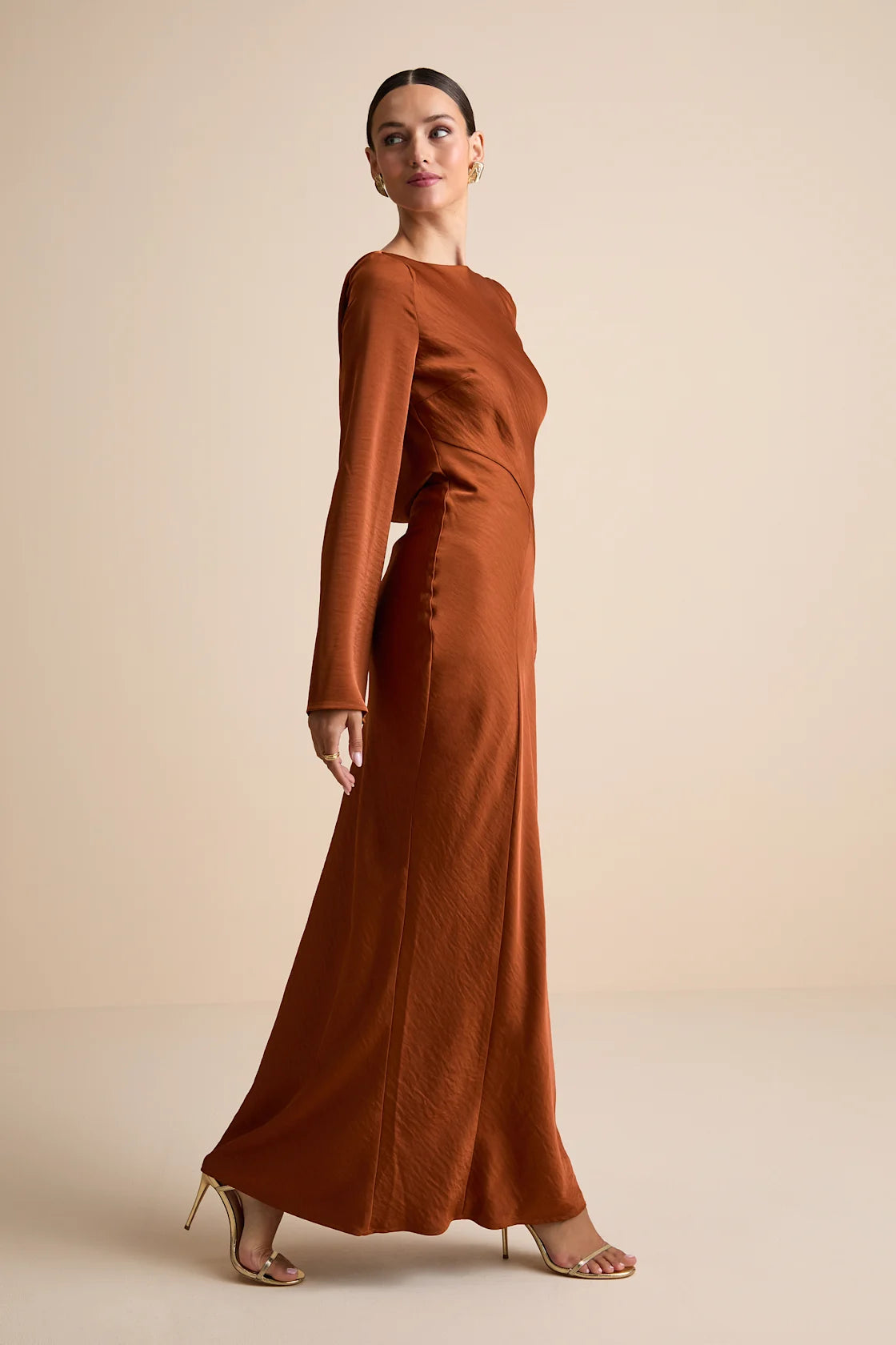 Kae Rust Orange Satin Cowl Back Maxi Dress