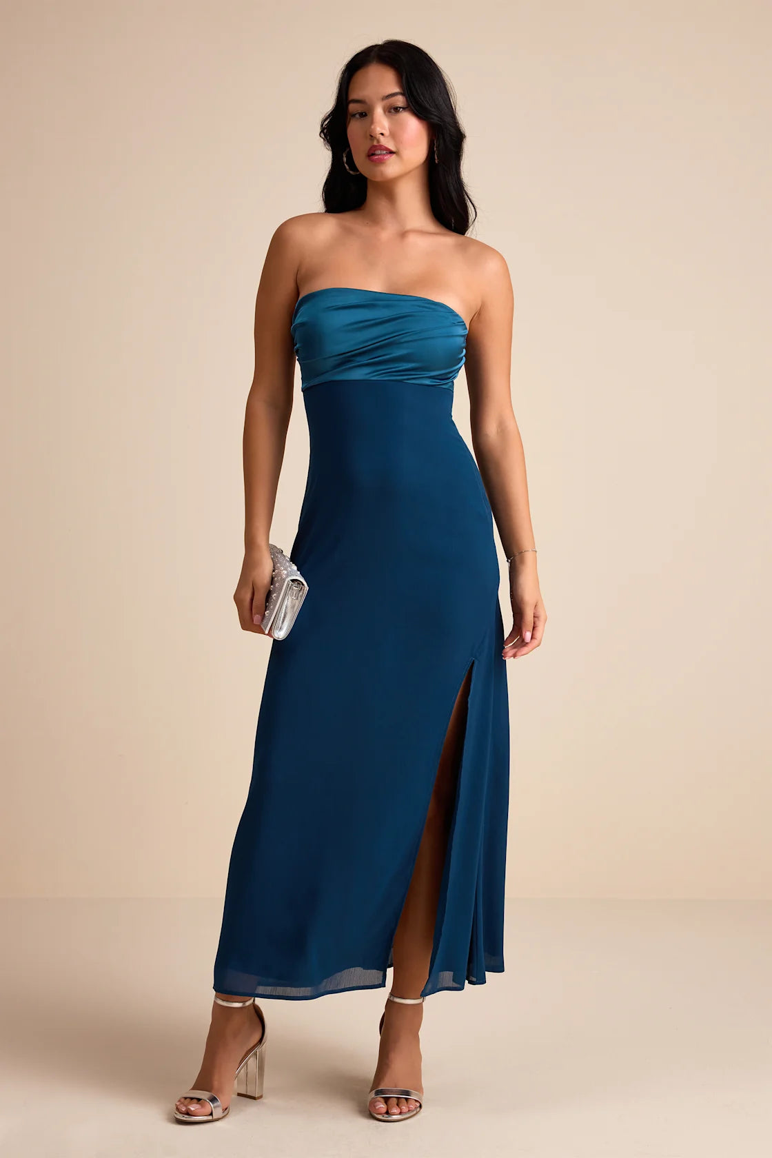 Devlin Dark Teal Mixed Media Strapless Midi Dress