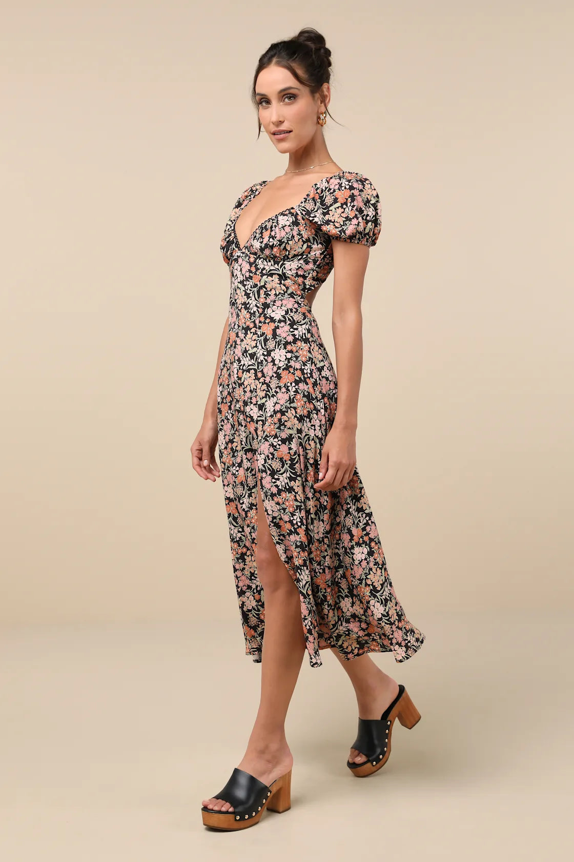 Meadow Muse Green Floral Tie-Back Puff Sleeve Midi Dress