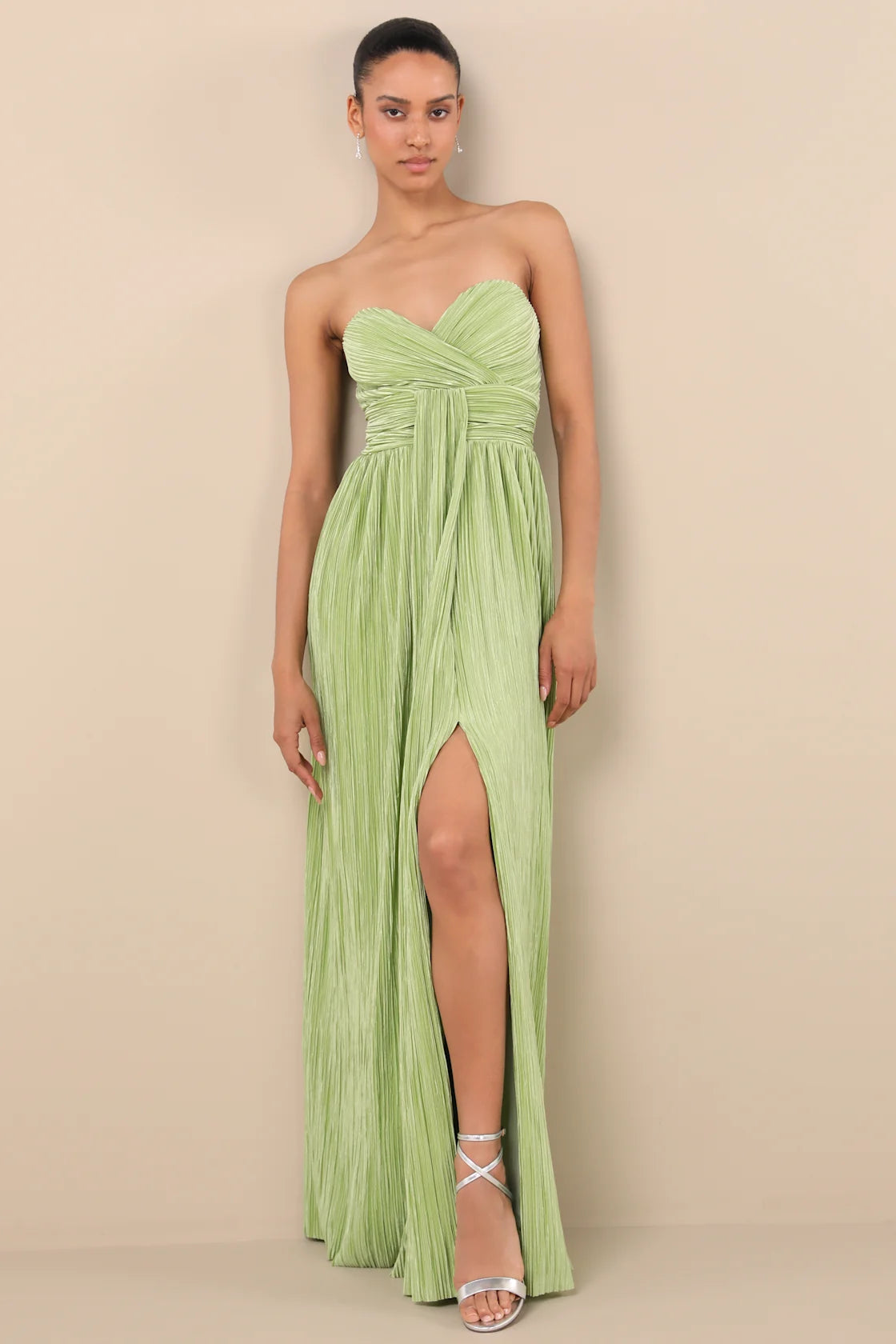 Oswin Navy Satin Plisse Strapless Maxi Dress