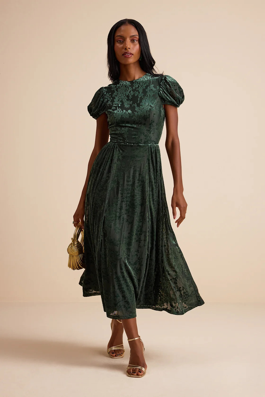 Arlie Emerald Velvet Burnout Puff Sleeve Midi Dress