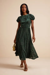 Arlie Emerald Velvet Burnout Puff Sleeve Midi Dress